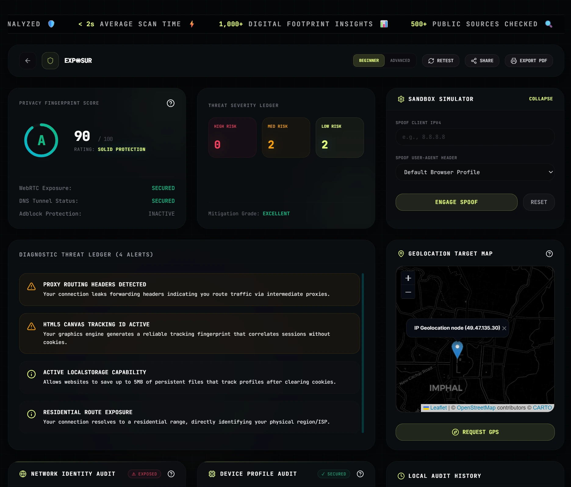 Environment Telemetry Dashboard - Aggregated, real-time client diagnostics detailing user IP geolocation, browser headers, OS architecture, and device parameters in a unified interface.